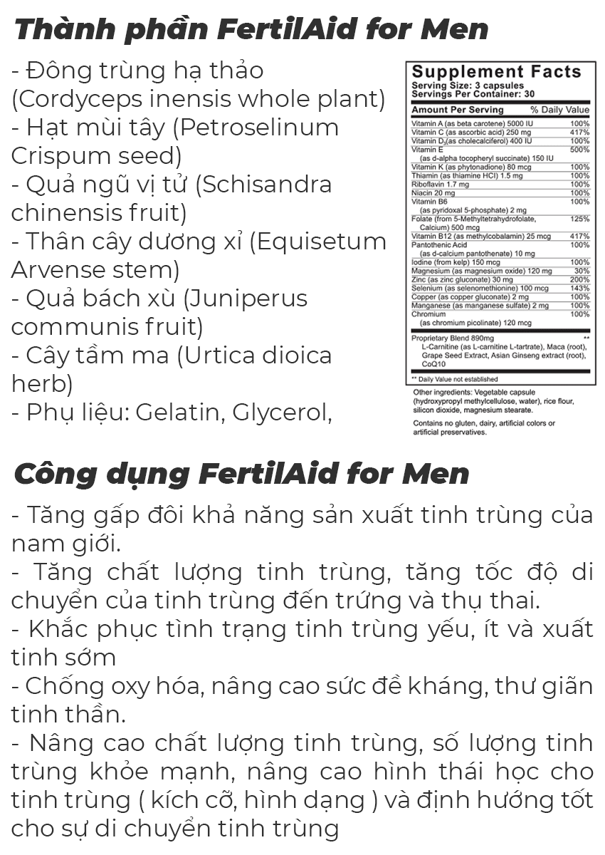 Fairhaven Health FertilAid for Men hỗ trợ vô sinh, hiếm muộn, Chai 90 viên