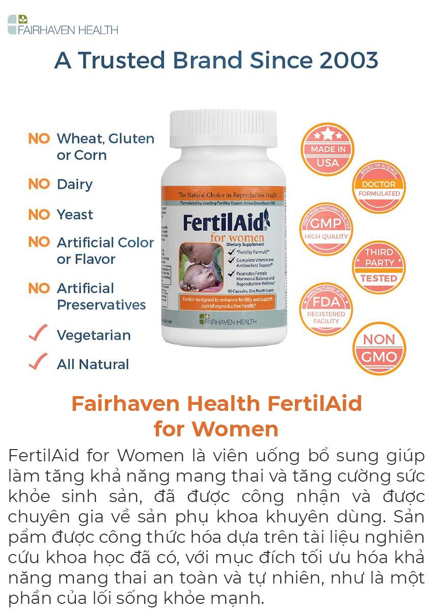 Fairhaven Health FertilAid for Women hỗ trợ vô sinh, hiếm muộn, Chai 90 viên