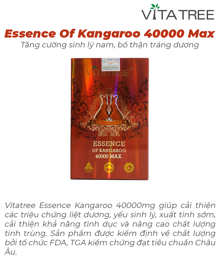 Vitatree Essence Of Kangaroo 40000 Max tăng cường sinh lý nam, Hộp 100 viên