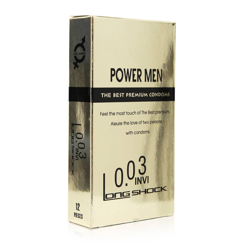 Bao cao su Power Men 0.03 Invi Longshock siêu mỏng, kéo dài thời gian, Hộp 12 cái