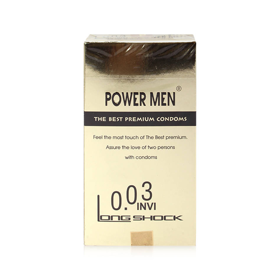Bao cao su Power Men 0.03 Invi Longshock siêu mỏng, kéo dài thời gian, Hộp 12 cái