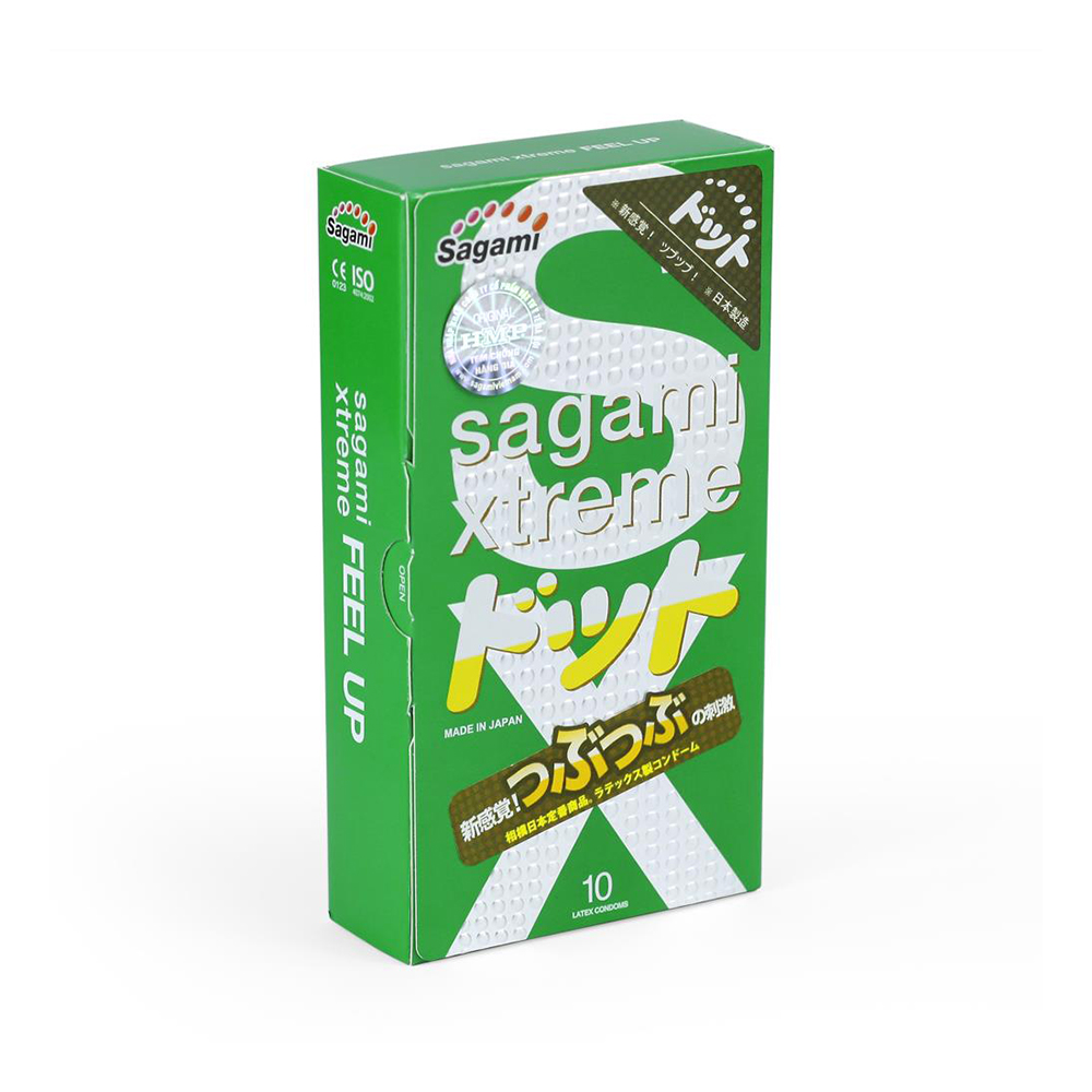 Bao cao su Sagami Xtreme Green nhiều gân, gai, ôm khít, Hộp 10 cái