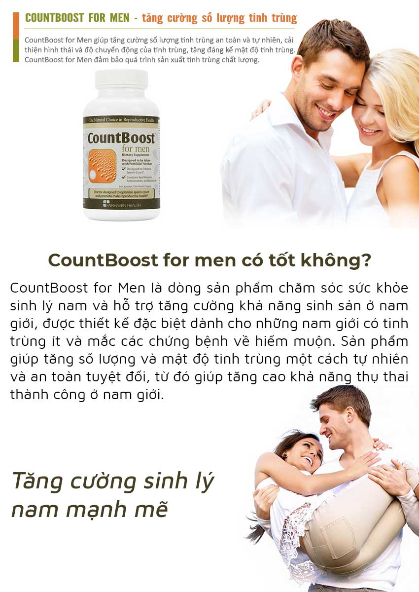 CountBoost for Men tăng cường số lượng tinh trùng ở nam giới, Chai 60 viên