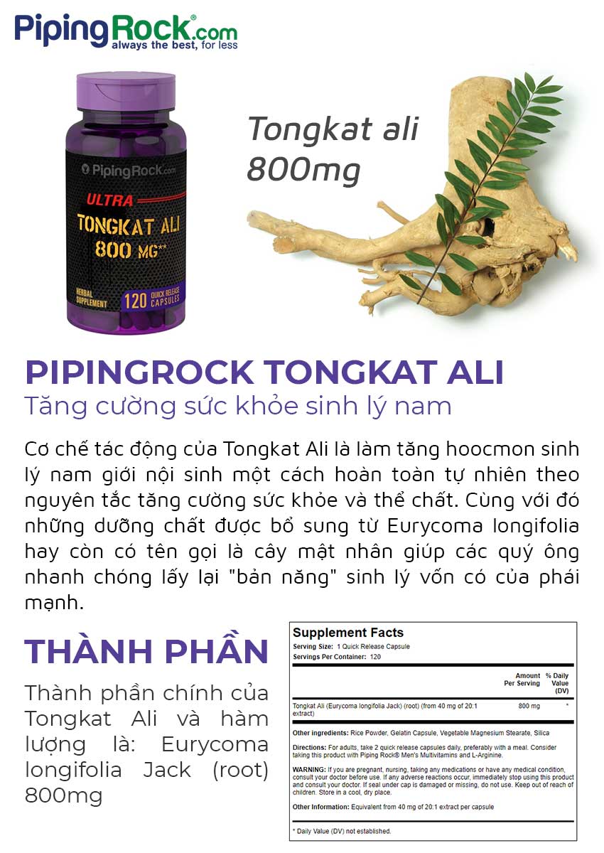 Pipingrock Tongkat Ali 800mg tăng cường sinh lý nam, Chai 120 viên