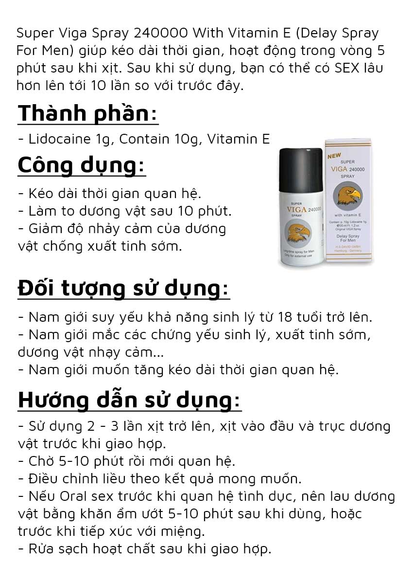Chai xịt chống xuất tinh sớm Viga 240000 with Vitamin E, Chai 35ml