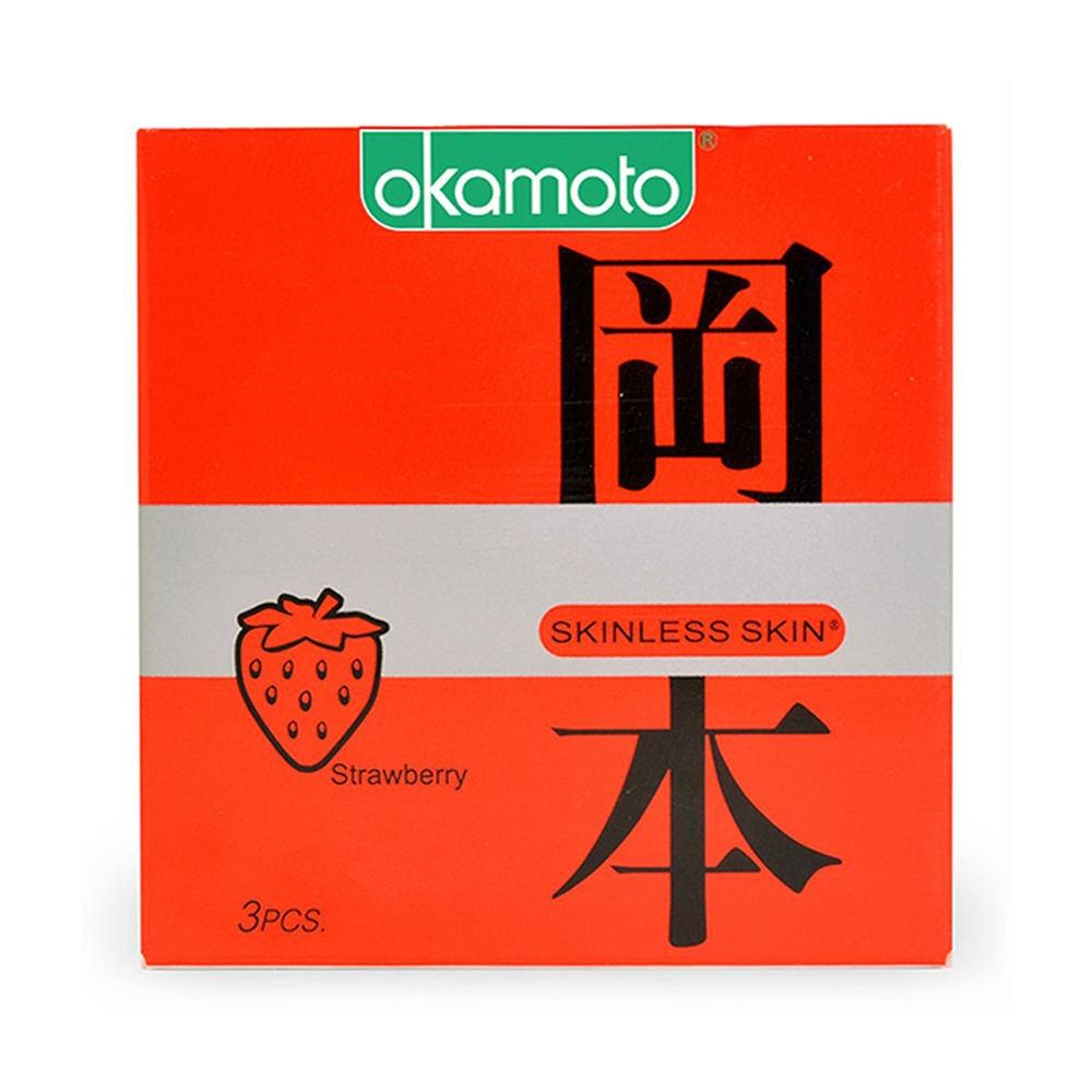 Bao cao su Okamoto Skinless Skin Strawberry hương dâu, Hộp 3 cái